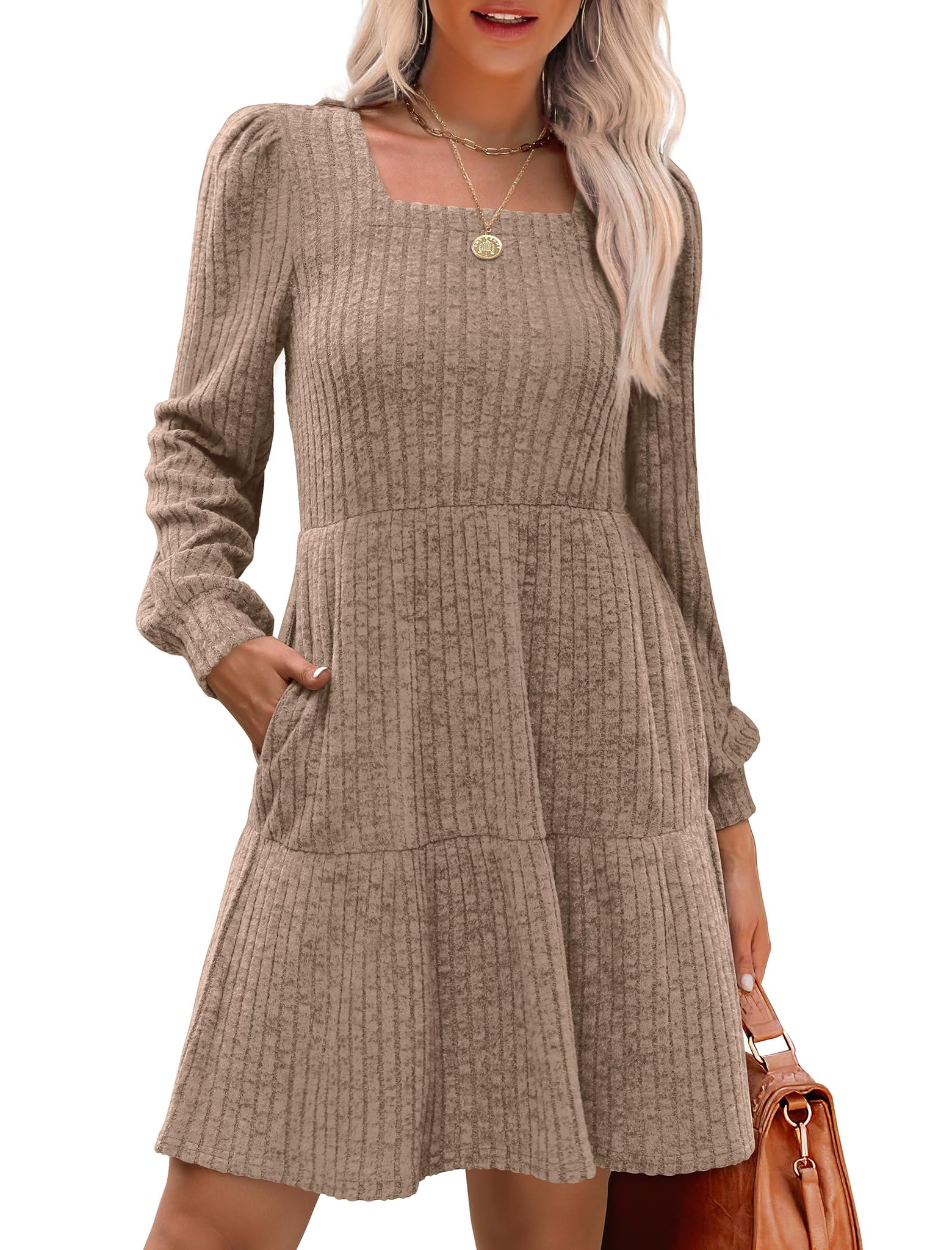 Women's Square Neck Ribbed Sweater Dress