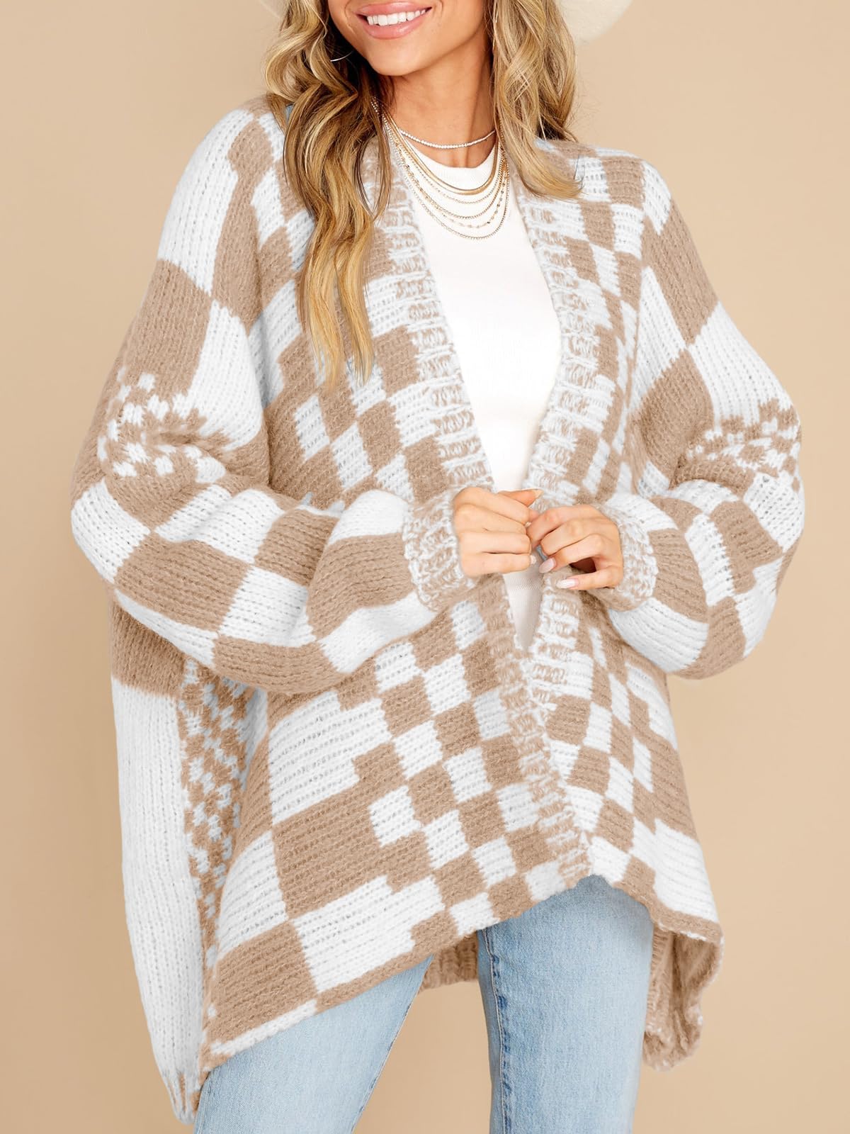 Women's Oversized Knit Open Front Checkered Sweater