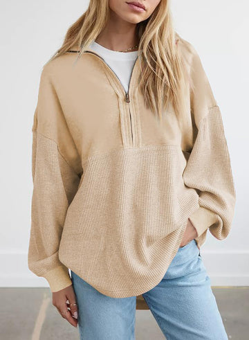 Women's  Waffle Knit Half Zip Pullover Casual Sweatshirt