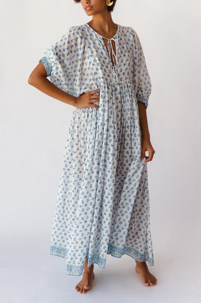 Women's Deep V Floral Puff Sleeve Maxi Dress