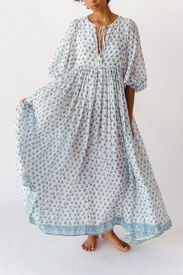 Women's Deep V Floral Puff Sleeve Maxi Dress