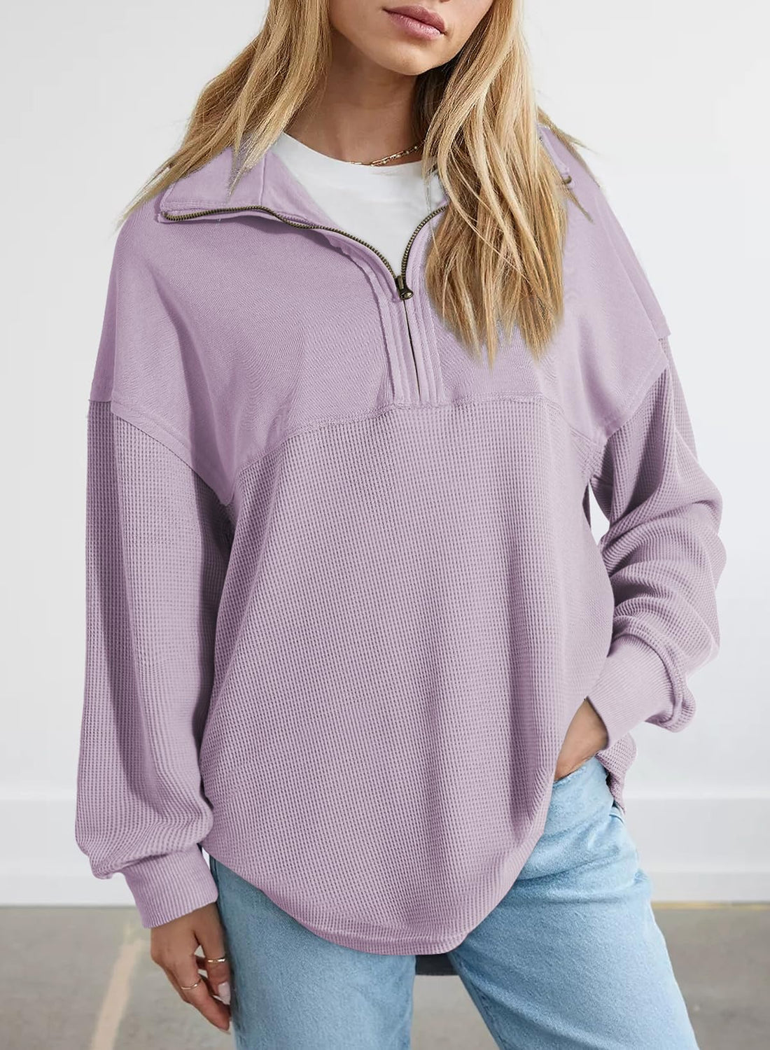 Women's  Waffle Knit Half Zip Pullover Casual Sweatshirt