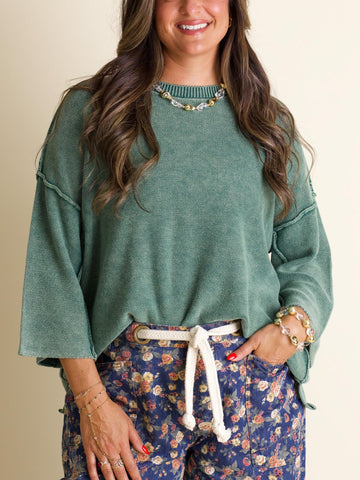 Women's Round Neck 3/4 Sleeves Washed Sweater Top