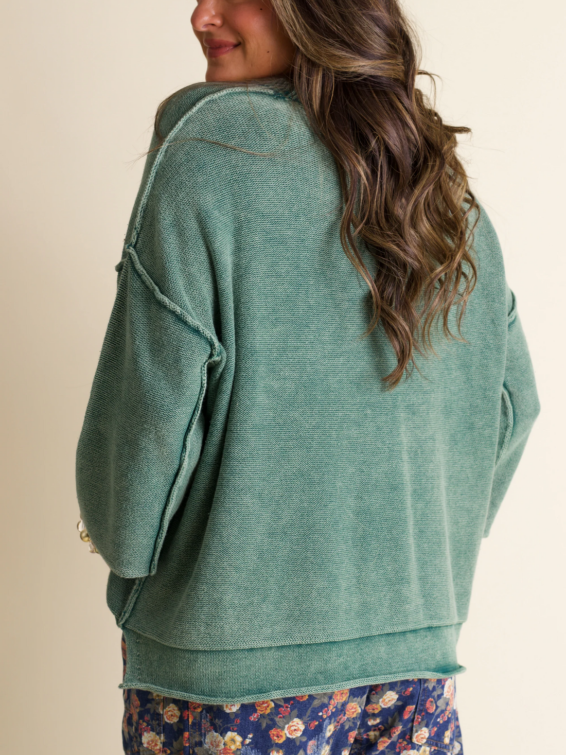 Women's Round Neck 3/4 Sleeves Washed Sweater Top