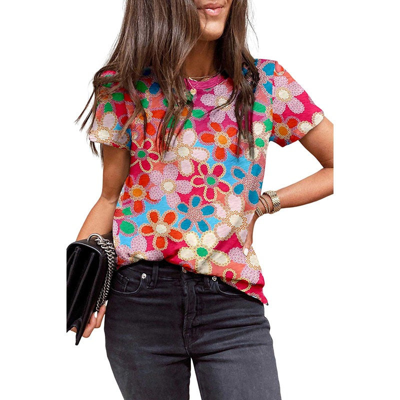 Women's Summer Cute Printed Short Sleeve Casual Stretch Tops