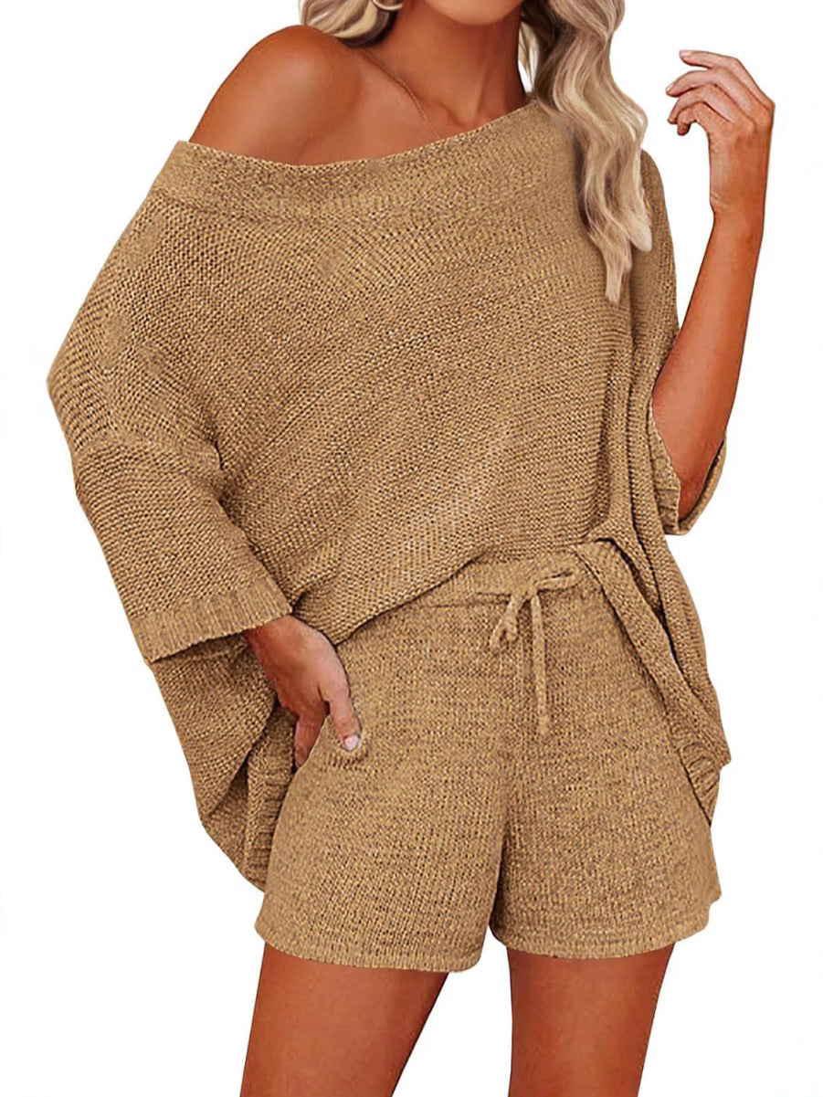 Women's Off-shoulder Knit Top and Shorts Two-piece Set