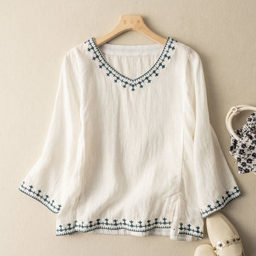 Women's Patterned V-Neck Blouse with Short Sleeves and Lightweight Fabric