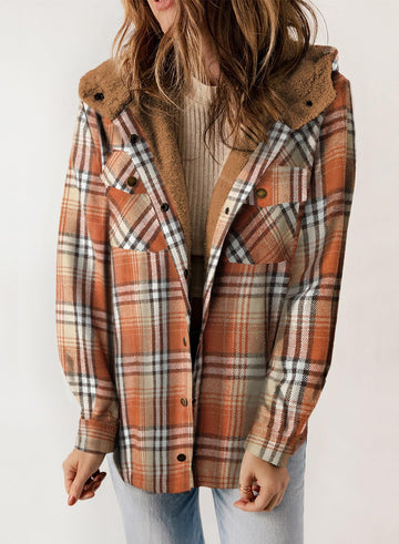 Women's Thickened Flannel Long Sleeve Plaid Jacket Coat with Hood