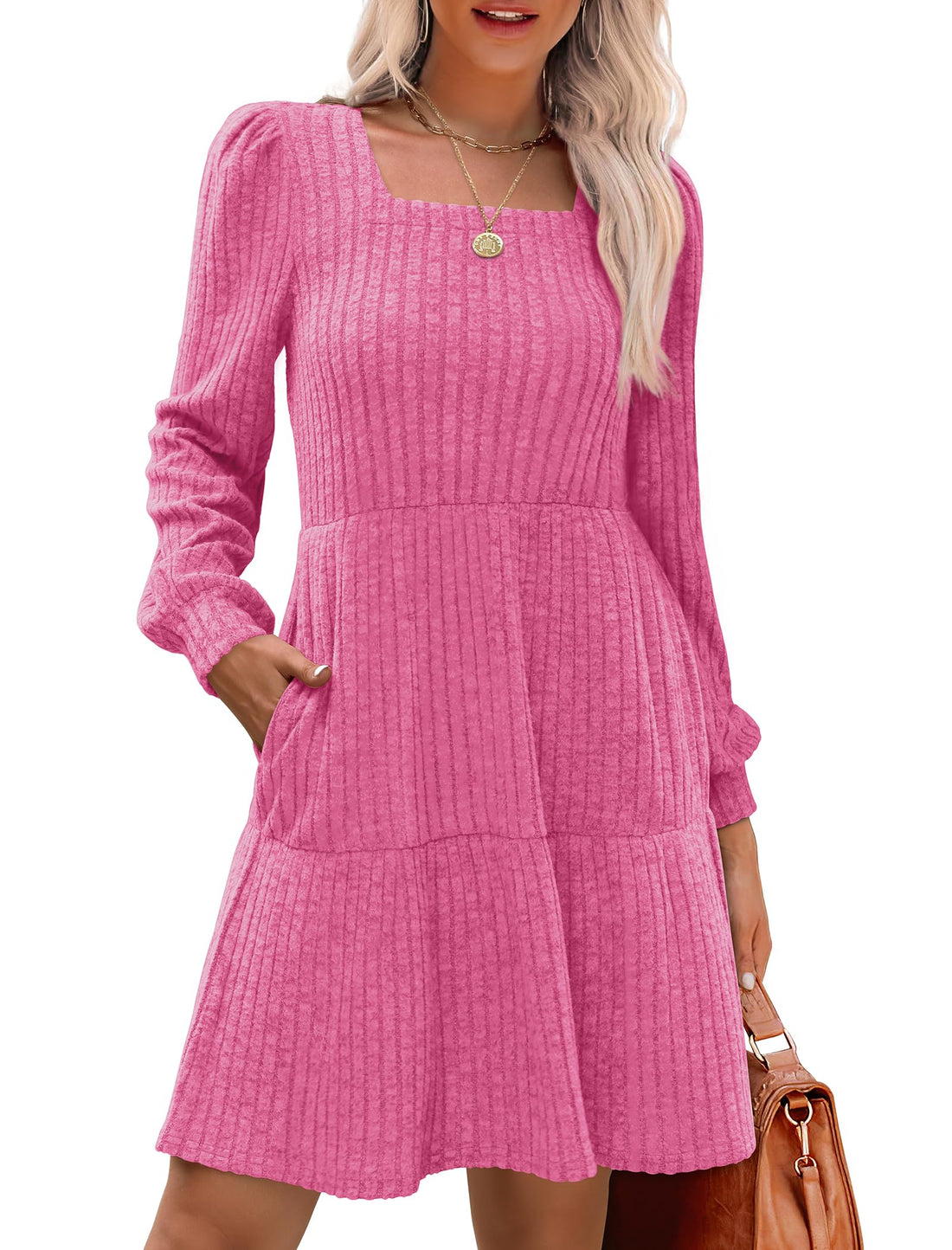 Women's Square Neck Ribbed Sweater Dress