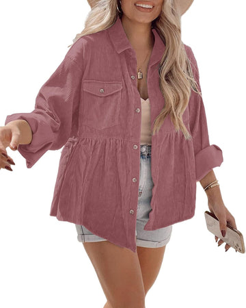 Women's Corduroy Shirt Button Down Tunic Loose Pocket Jacket