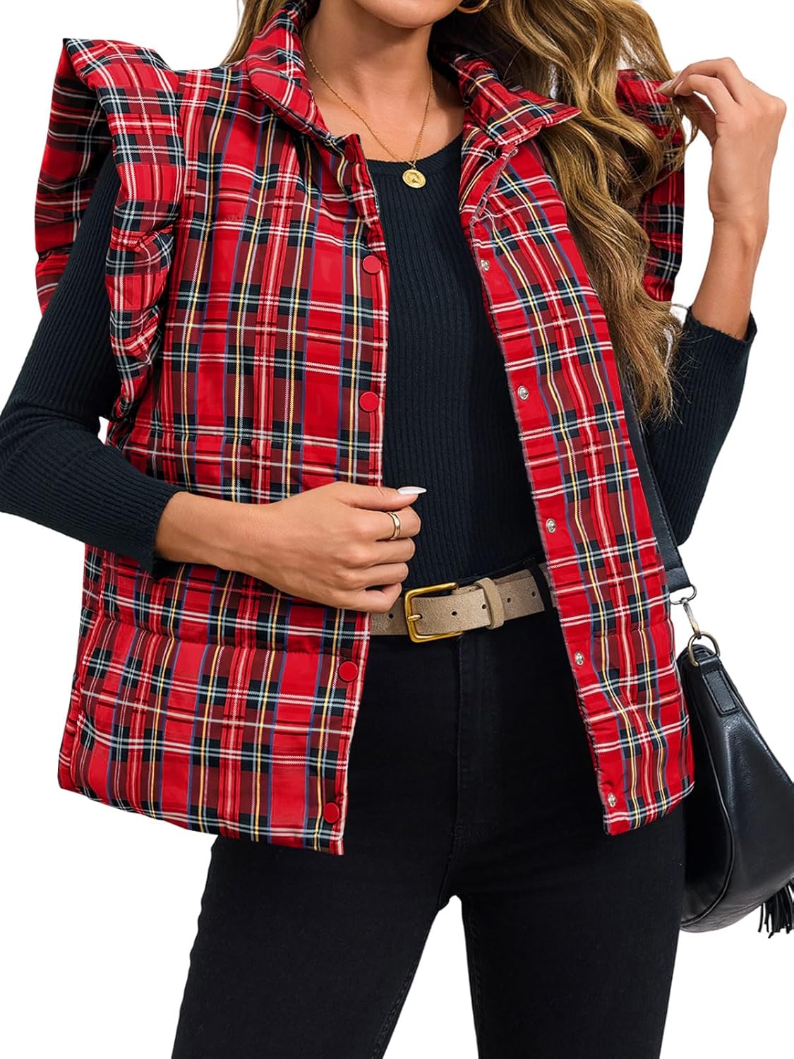 Womens Plaid Puffer Vests Ruffle Sleeveless Lightweight Quilted Vest Fall Winter Padded Gilets Coats
