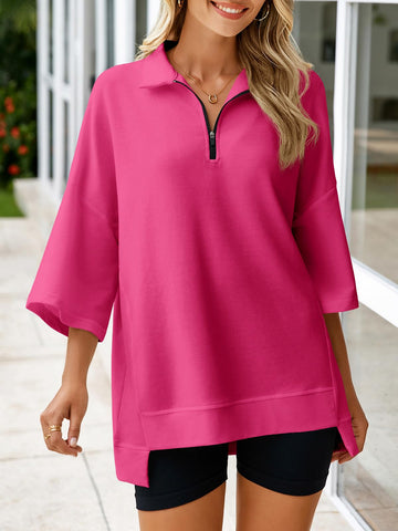 Women's Oversized Zip Up V Neck 3/4 Sleeve High Low Pullover Tunic Tops