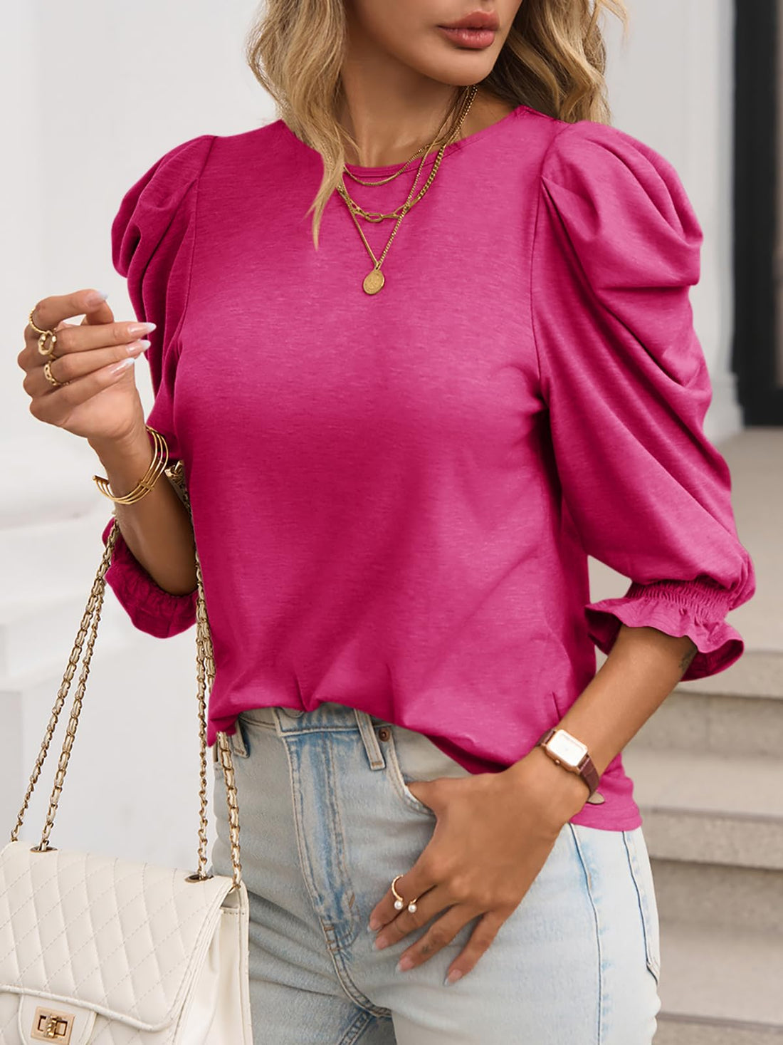 Fall Womens 3/4 Length Puff Sleeve Tops Trendy T Shirts with Smocked Cuffs