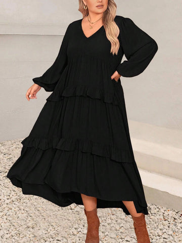 Women's V-neck Solid Color Long Sleeved Layered Ruffle Dress