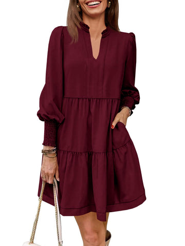 Women's Fall V-Neck Belted Ruffle Tiered Dress