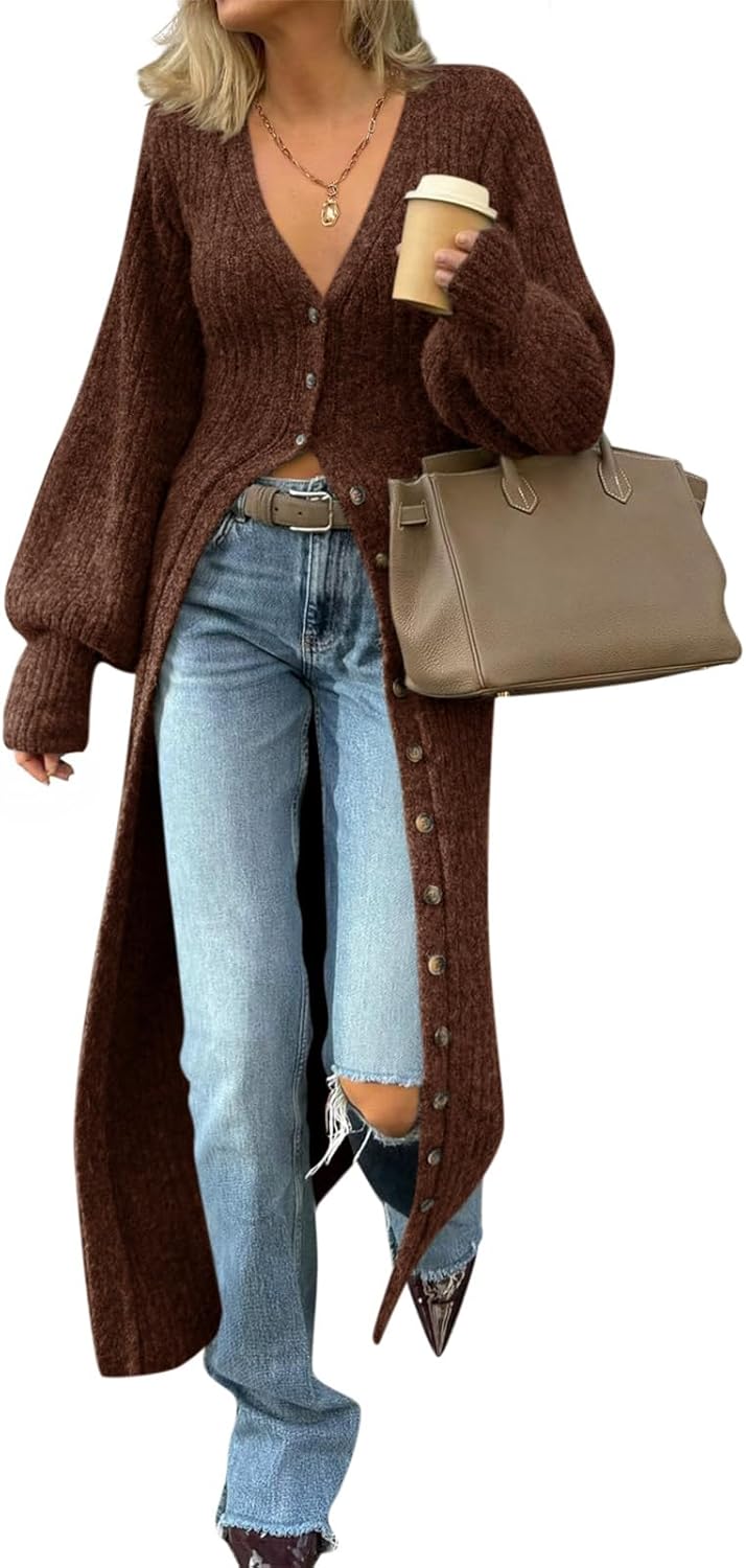 Womens Long Cardigans V Neck Button Down Chunky Knit Dusters Sweater Coat