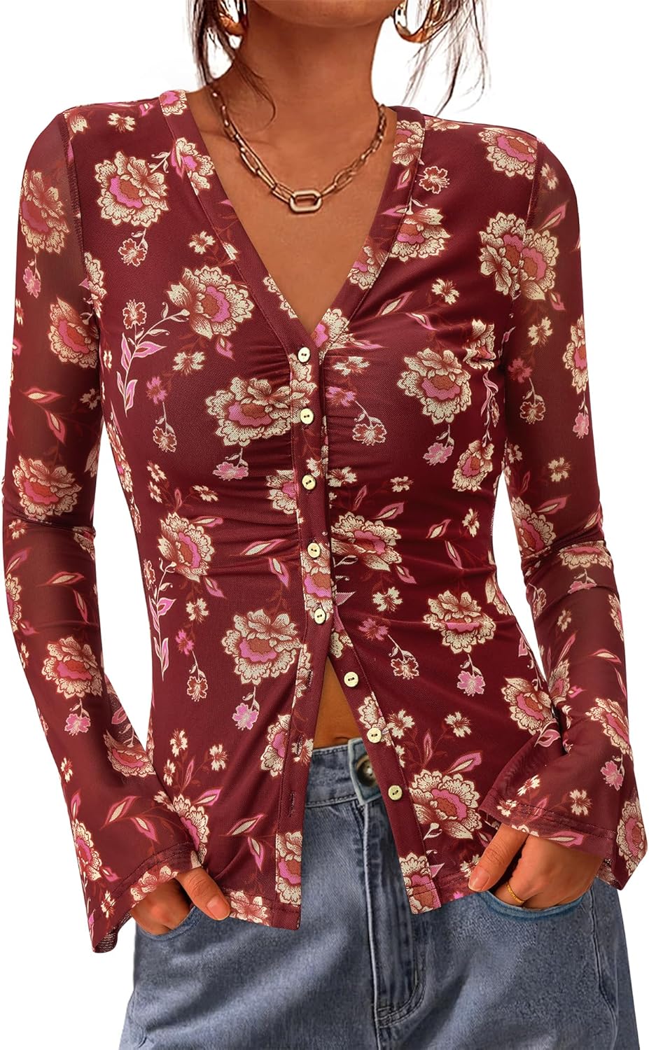 Womens V Neck Long Sleeve Blouse Ruched Mesh Fitted Floral Print Button Down Shirts
