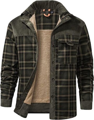 Men's Corduroy Plaid Sherpa Lined Flannel Shirt Jacket Fleece Coat