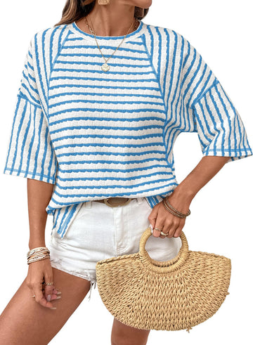 Women Crewneck Striped Color Block Short Sleeve T Shirts