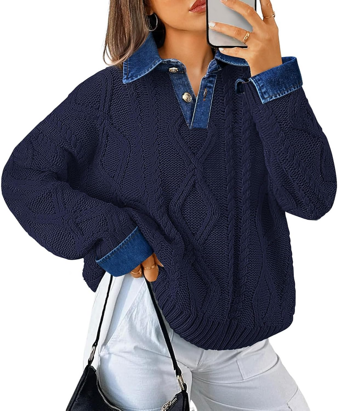 Womens Oversized Denim Polo Neck Cable Knit Sweaters