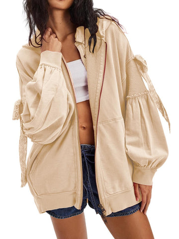 Women's Zip Up Hoodies with Pockets Stylish Bow Tie Long Sleeve Sweatshirt Jackets