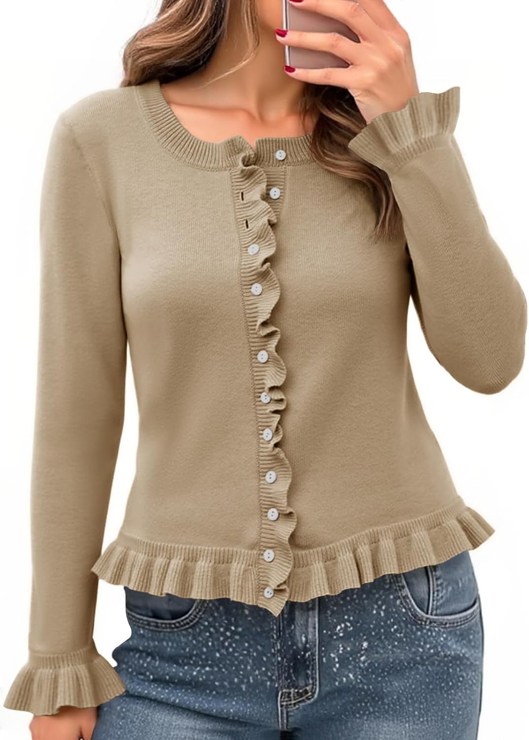 Womens Ruffle Button Up Cute Soft Knit Cardigan Sweaters