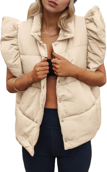 Womens Ruffle Sleeveless Button Down  Puffer Vest