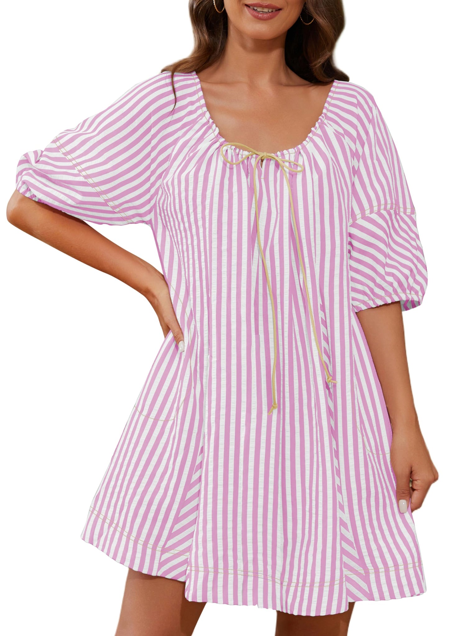 Women's Striped Puff Sleeve Scoop Neck Keyhole Back Swing Dress