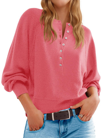 Womens Henley Button Fall Long Sleeve Loose Knit Pullover Tops