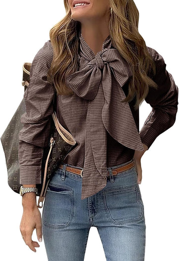 Womens Plaid Shirts Bow Tied Neck Button Down Long Sleeve Blouse Tops
