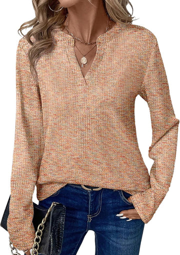Womens Waffle Knit Henley V Neck Long Sleeve Tops Blouses