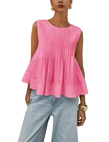 Womens Summer Pleated Peplum Sleeveless Blouse Tank Tops