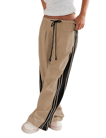 Women's Wide Leg Pants Drawstring High Rise Side Striped Slouchy Palazzo Pants with Pockets
