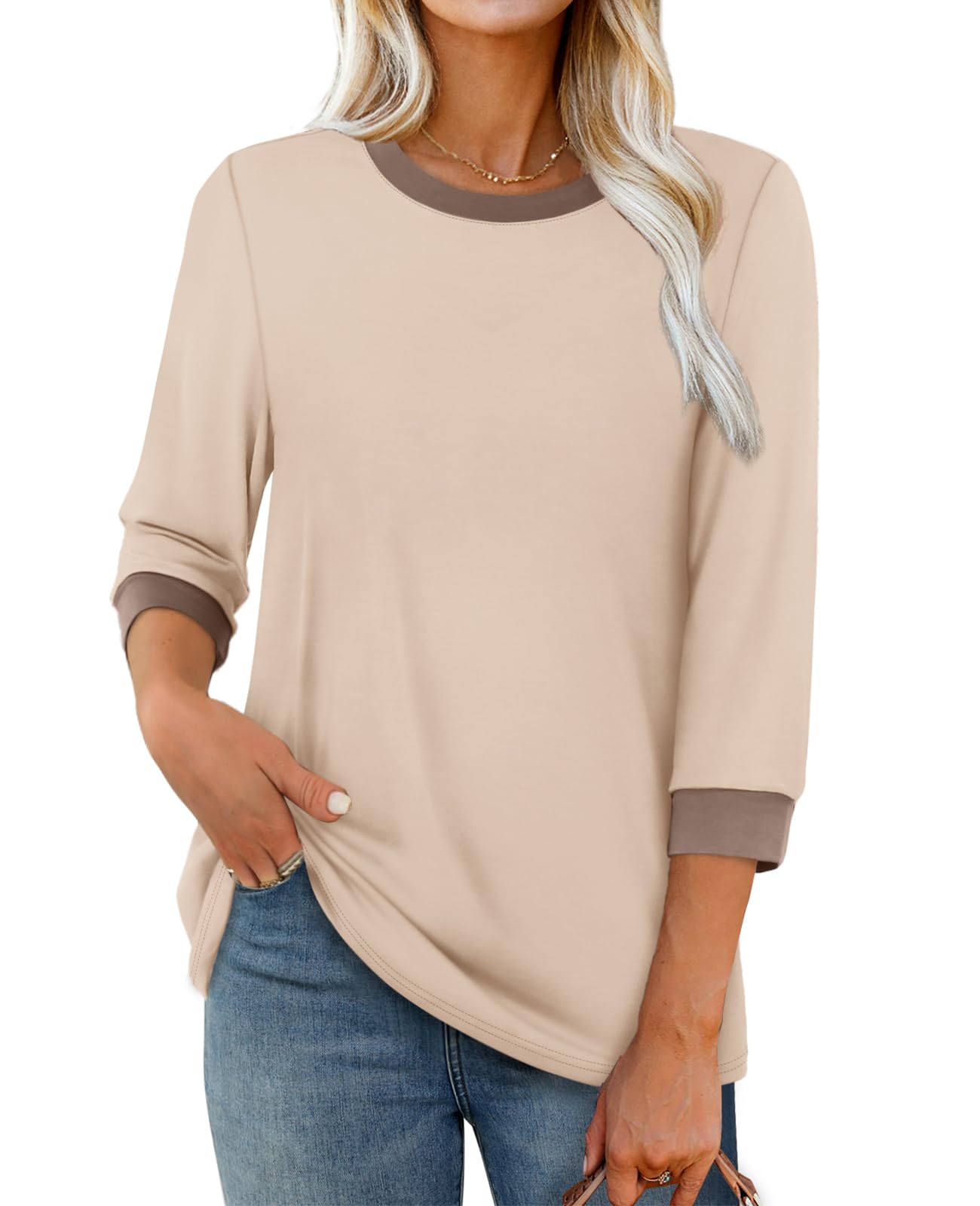 Womens 3/4 Length Sleeve T Shirts Casual Crew Neck Color Block Tunic Tops