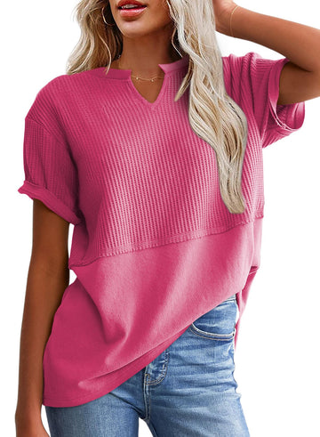 Women's Casual V Neck Waffle Knit Tops Short Sleeve T Shirts