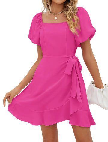 Women's Square Neck Puff Sleeve Tie Waist Short Dress