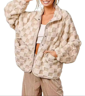 Women Winter Casual Checkered Fleece Sherpa Jacket