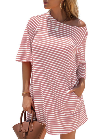 Women's Summer Striped Short Sleeve T-Shirt Dress with Pockets