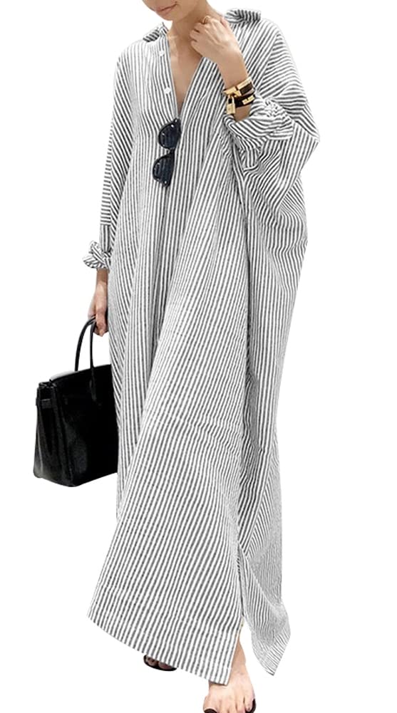 Women's Casual Long Sleeve Button Down Loose Striped Maxi Shirt Dress