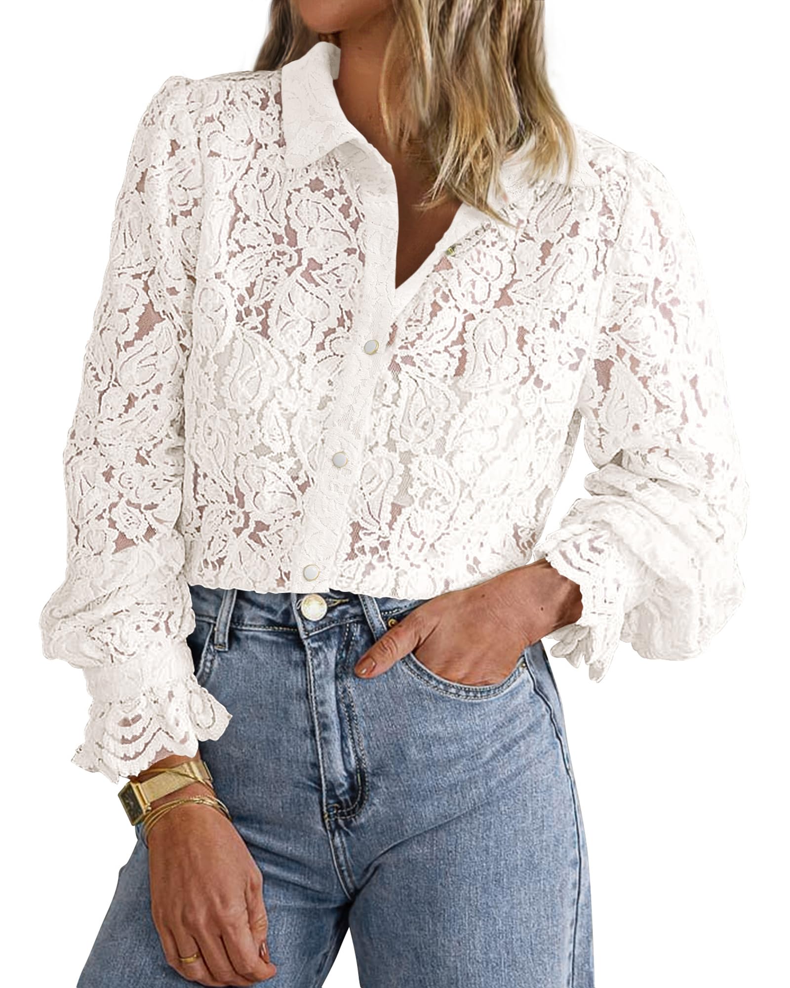 Women's Lace Blouses Long Sleeve Button Down Shirt