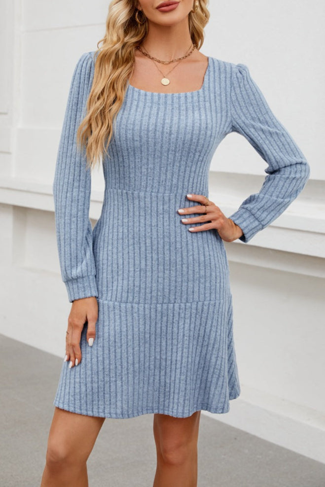 Womens Square Neck Long Sleeve Fall Dresses Casual Babydoll Sweater Dress