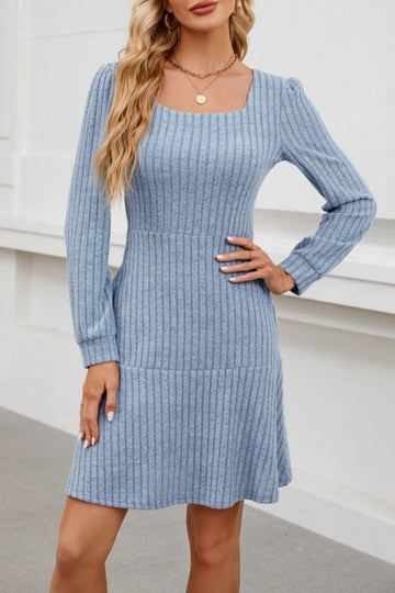 Womens Square Neck Long Sleeve Fall Dresses Casual Babydoll Sweater Dress