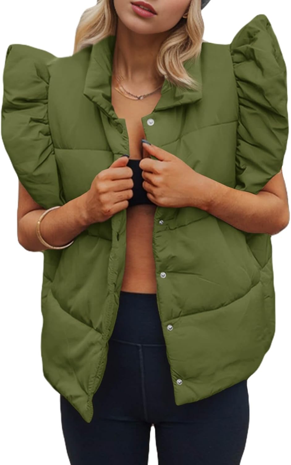 Womens Ruffle Sleeveless Button Down  Puffer Vest