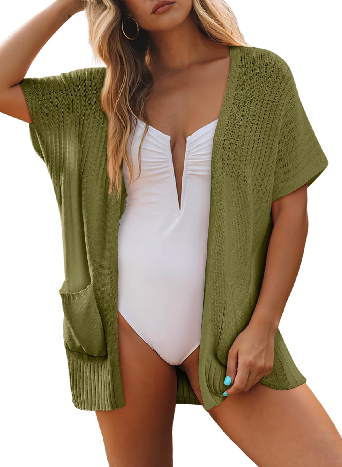 Women's Short Sleeve Pleated Lightweight Open Front Cardigan