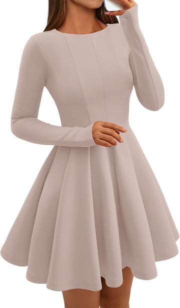 Womens Long Sleeve High Waist Pleated Flowy A Line Party Wedding Guest Dress