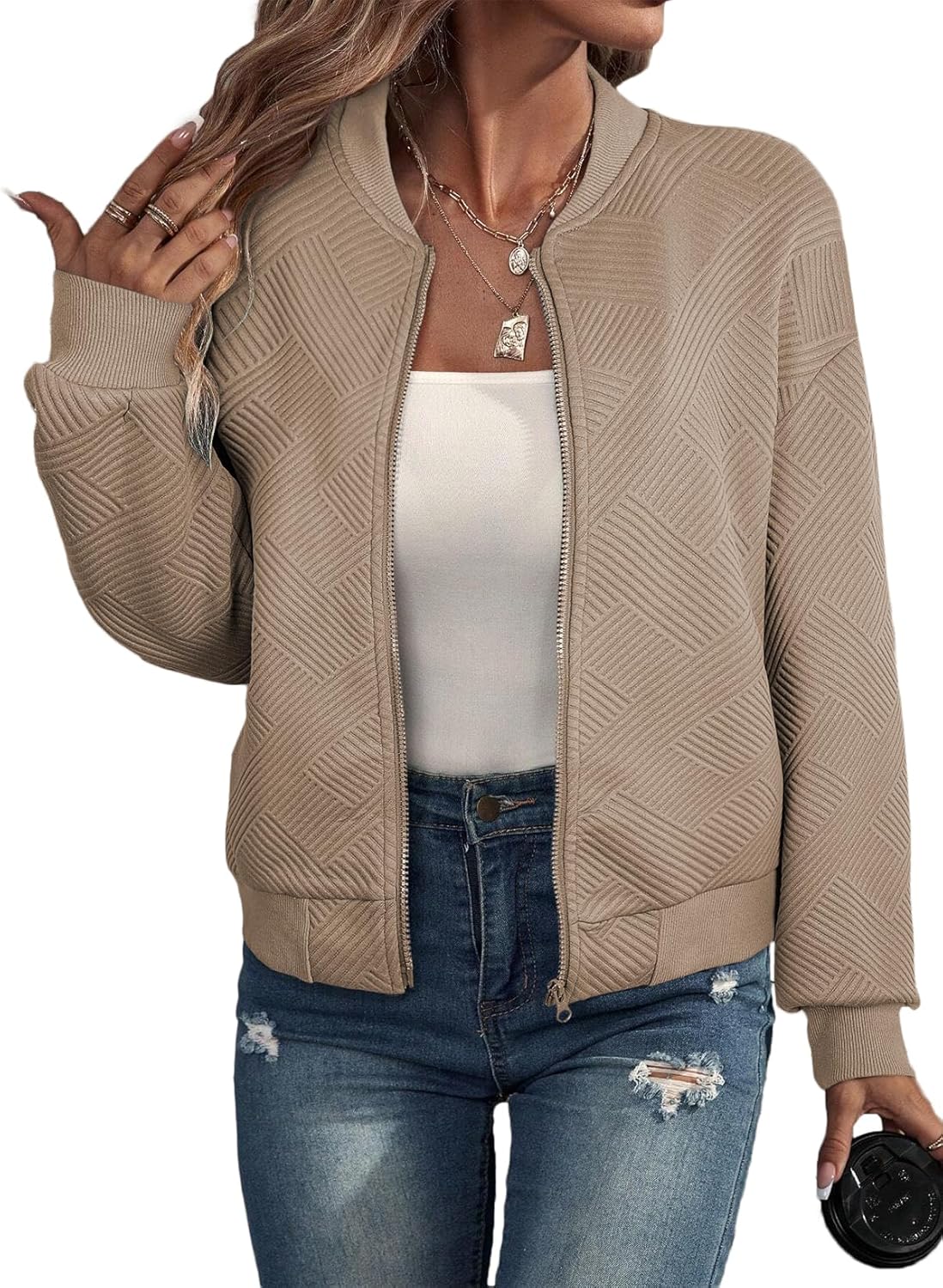 Womens Bomber Jacket Casual Stand Collar Zip Up Lightweight Coat