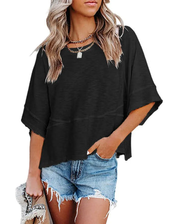 Women's Summer Casual Crewneck Batwing Half Sleeve Tee