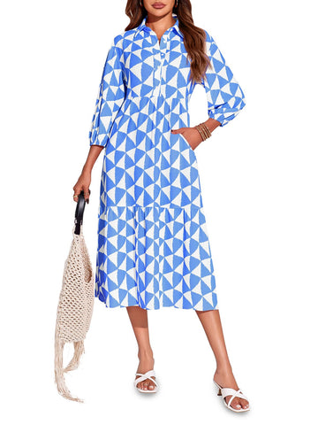 Womens Boho Midi Dress Long Sleeve Casual Color Block Beach Button Down Shirt Dress