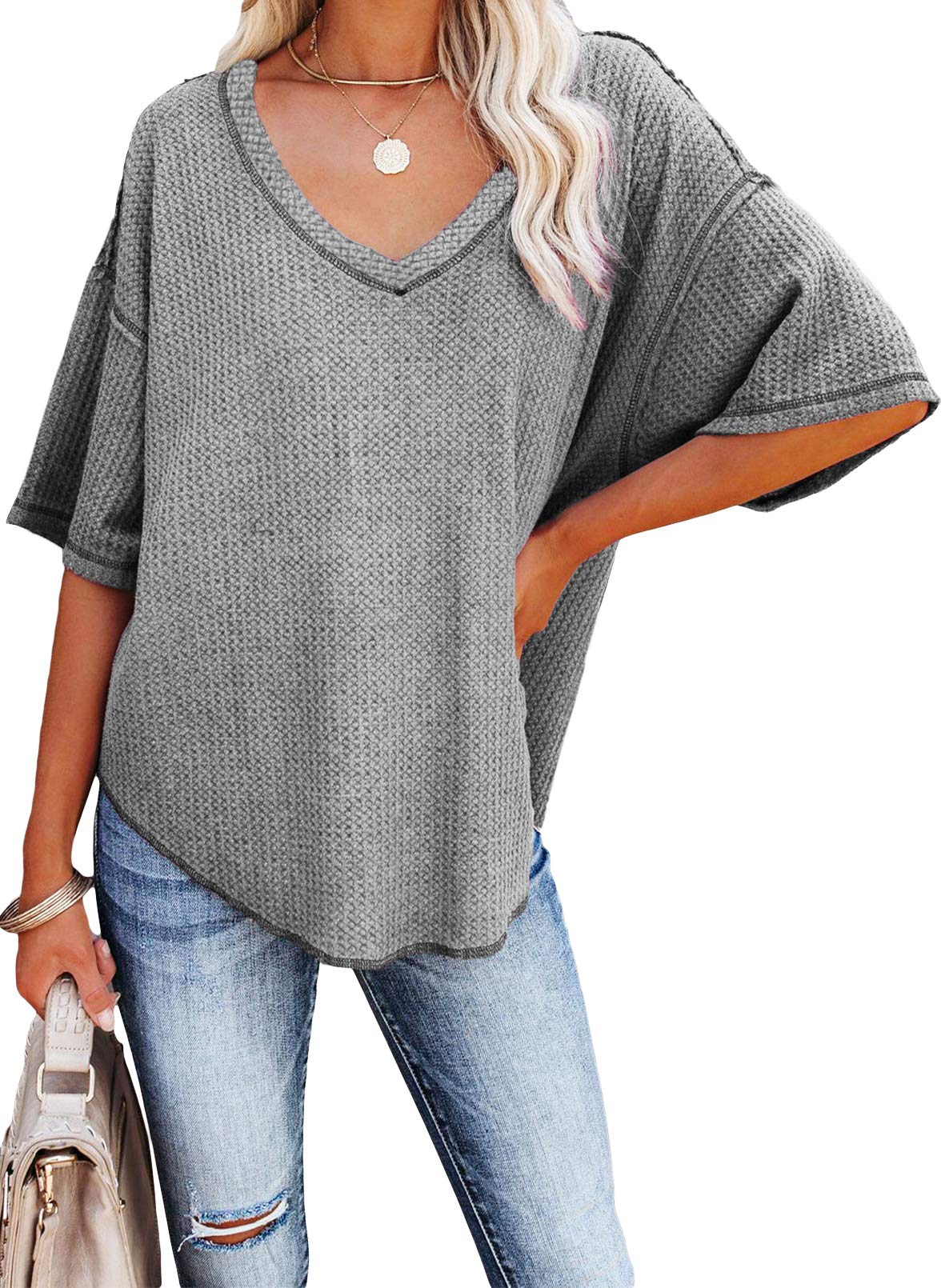 Women's Causual V Neck Short Sleeve Shirts Waffle Knit Loose Tunic Tops