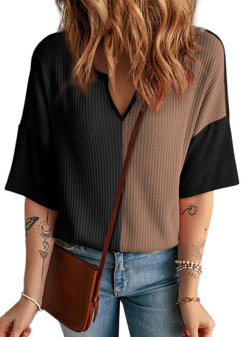 Women's Half Sleeve Waffle Knit Casual V Neck Colorblock Patchwork Shirts